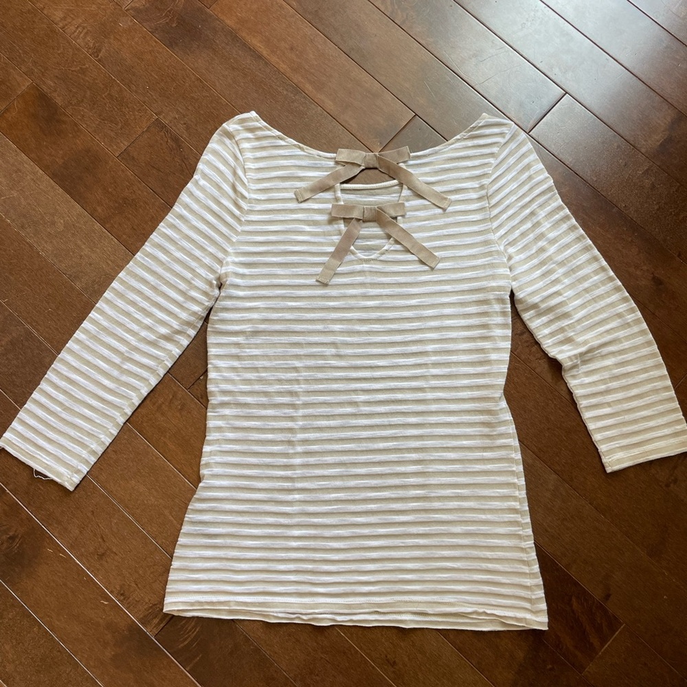 Tan and white striped top, bow back